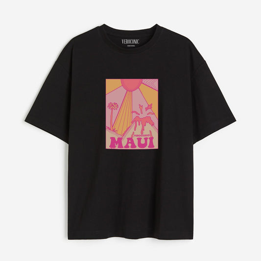 MAUI Beach Printed Oversized Black Cotton T-shirt