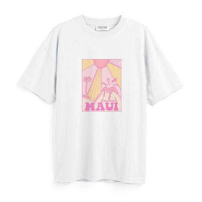 MAUI Beach Printed Oversized White Cotton T-shirt