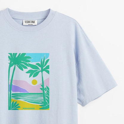 Beach Graphic Printed Oversized Baby Blue Cotton T-shirt