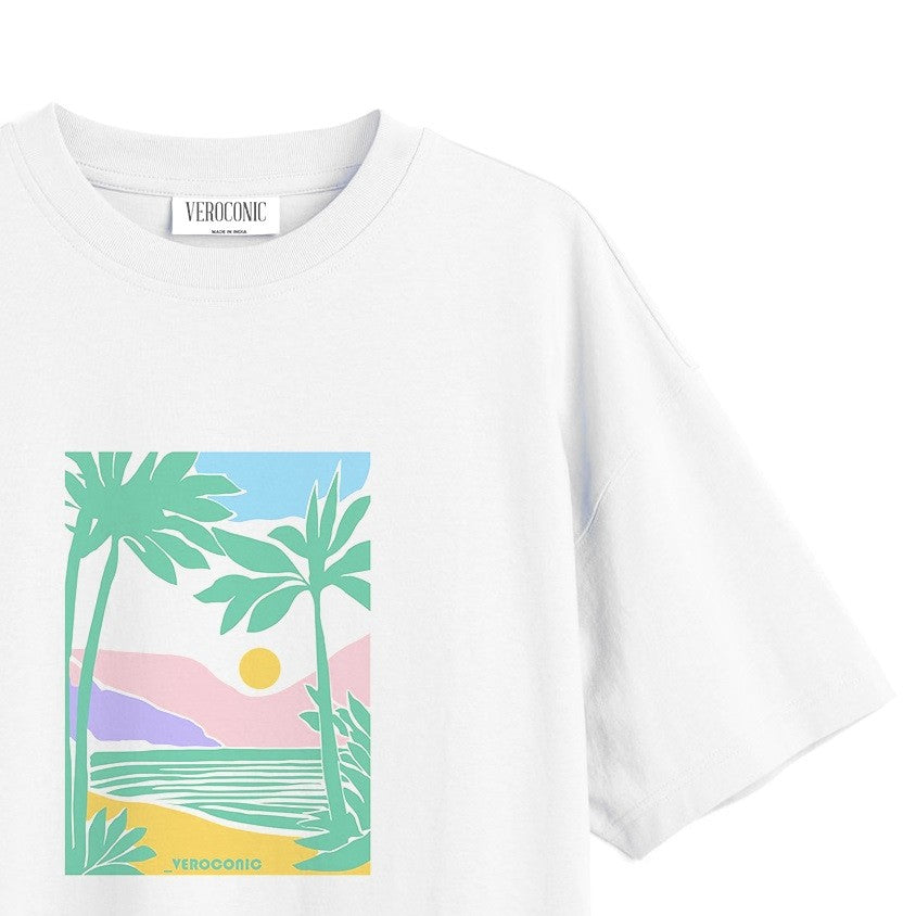 Beach Graphic Printed Oversized White Cotton T-shirt