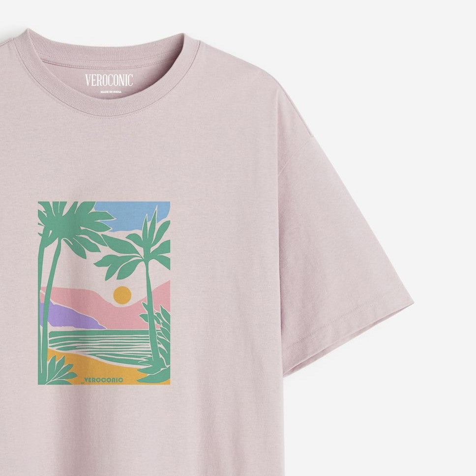 Beach Graphic Printed Oversized Lavender Cotton T-shirt