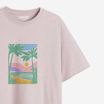 Beach Graphic Printed Oversized Lavender Cotton T-shirt