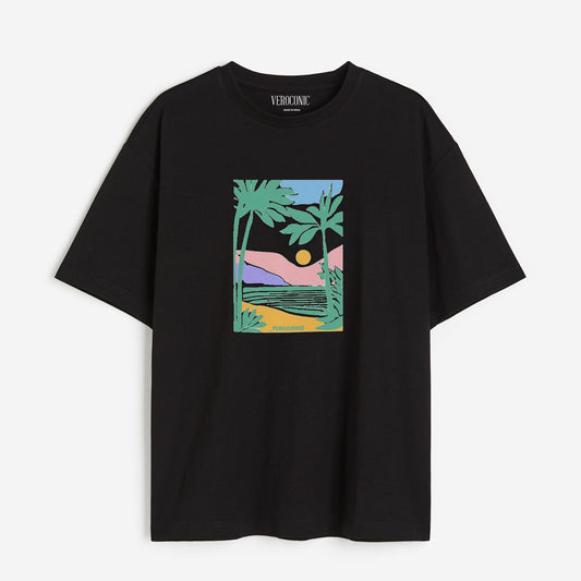 Beach Printed Oversized Black Cotton T-shirt