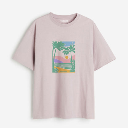 Beach Graphic Printed Oversized Lavender Cotton T-shirt