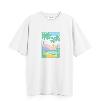 Beach Graphic Printed Oversized White Cotton T-shirt