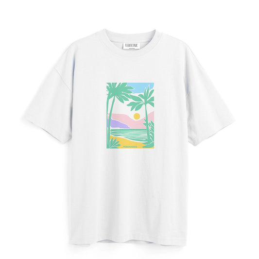 Beach Graphic Printed Oversized White Cotton T-shirt