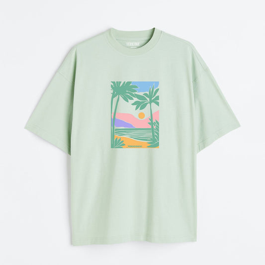 Beach Graphic Printed Oversized Mint Green Cotton T-shirt