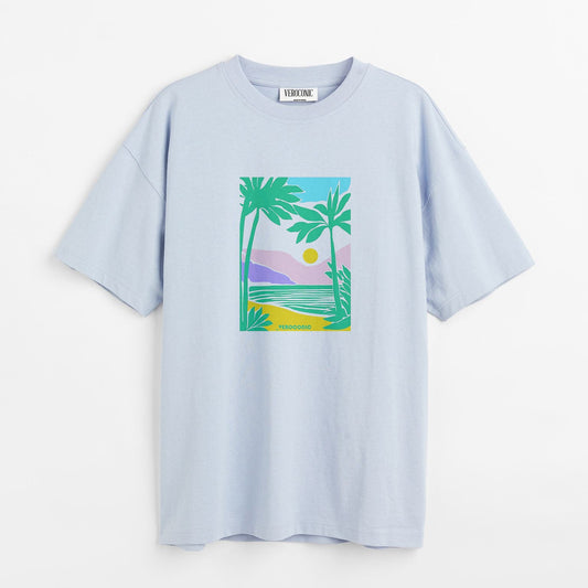 Beach Graphic Printed Oversized Baby Blue Cotton T-shirt
