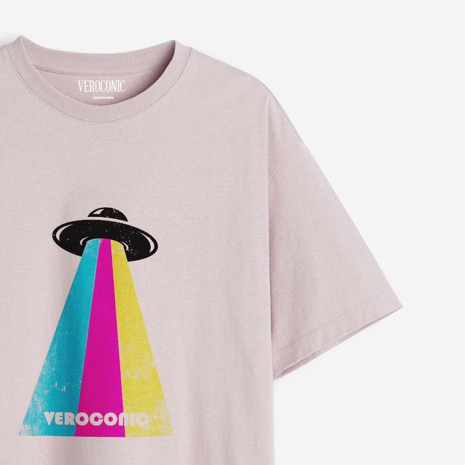 Alien Spaceship Printed Oversized Lavender Cotton T-shirt