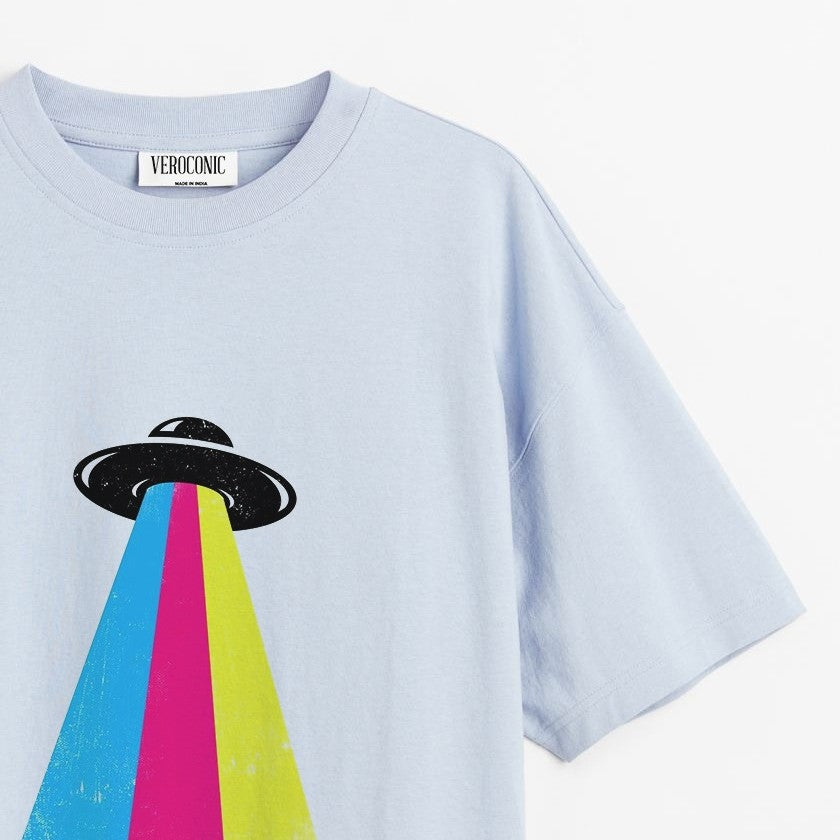 Alien Spaceship Printed Oversized Baby Blue Cotton T-shirt