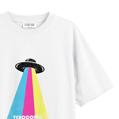 Veroconic Spaceship Printed Oversized White Cotton T-shirt