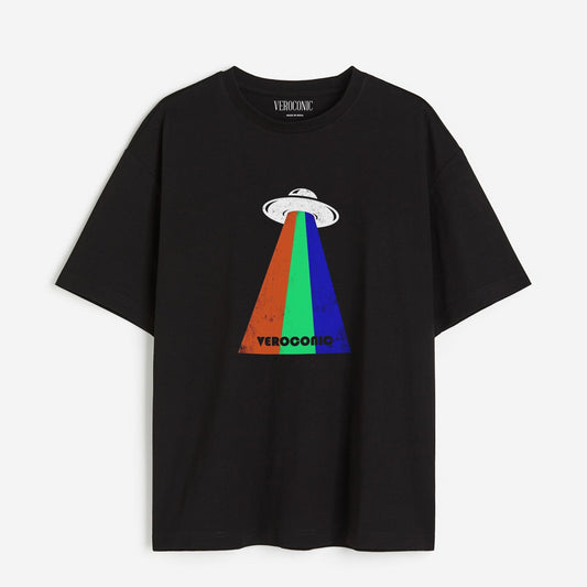 Alien Spaceship Printed Oversized Black Cotton T-shirt