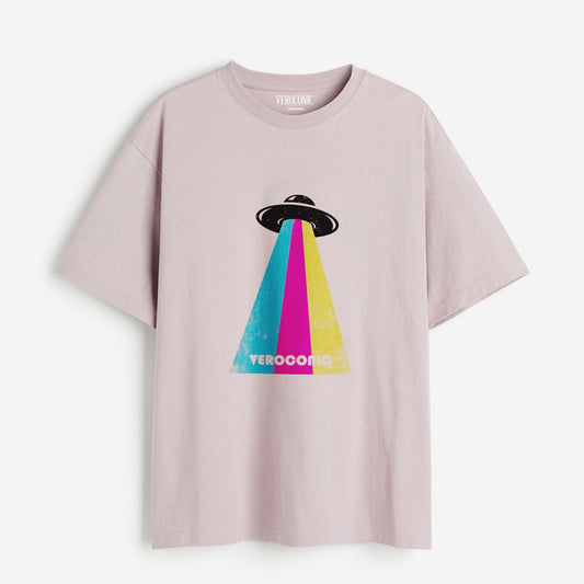 Alien Spaceship Printed Oversized Lavender Cotton T-shirt