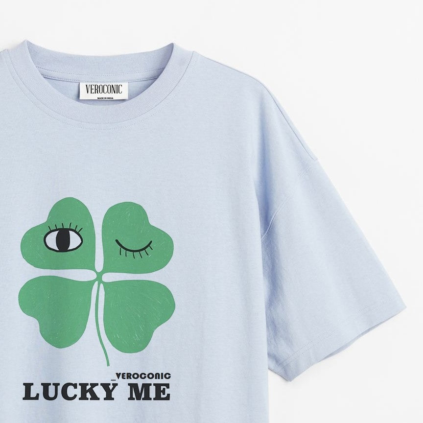 Lucky Me Printed Oversized Baby Blue Cotton T-shirt