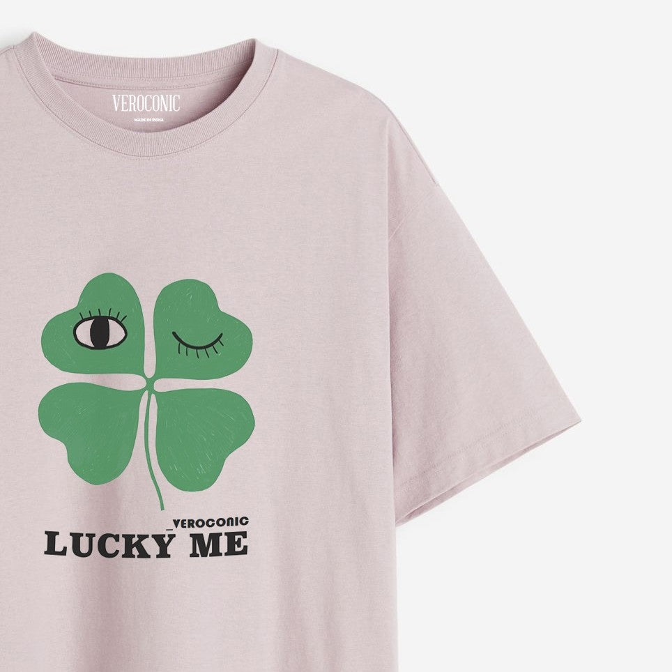 Lucky Me Printed Oversized Lavender Cotton T-shirt