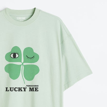 Lucky Me Printed Oversized Mint Green Cotton T-shirt