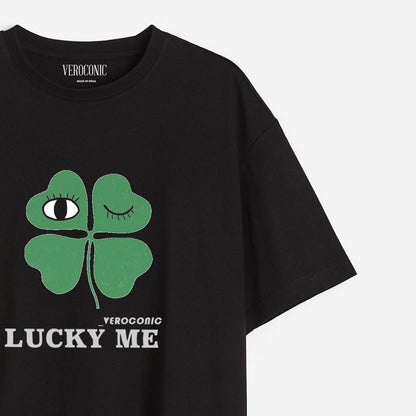 Lucky Me Printed Oversized Black Cotton T-shirt