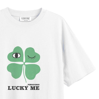 Lucky Me Printed Oversized White Cotton T-shirt