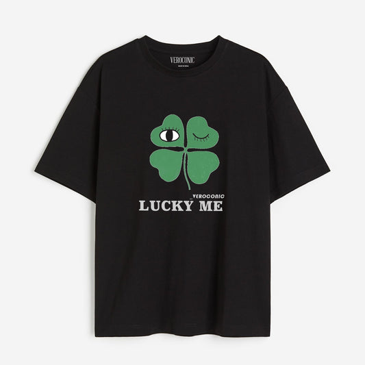 LUCKY ME Graphic Printed Oversized Black Cotton T-shirt