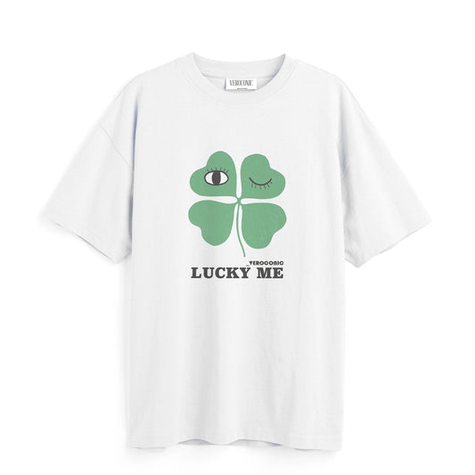 Lucky Me Printed Oversized White Cotton T-shirt