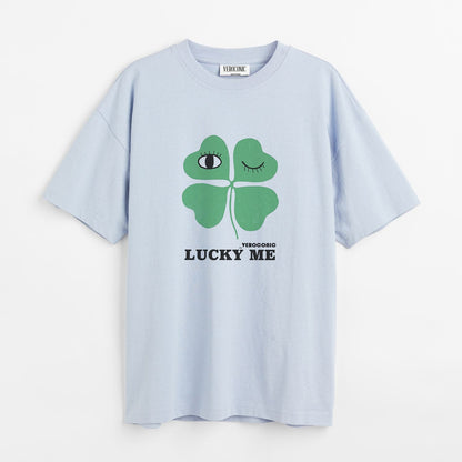 Lucky Me Printed Oversized Baby Blue Cotton T-shirt