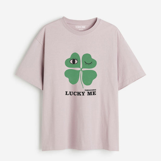 Lucky Me Printed Oversized Lavender Cotton T-shirt