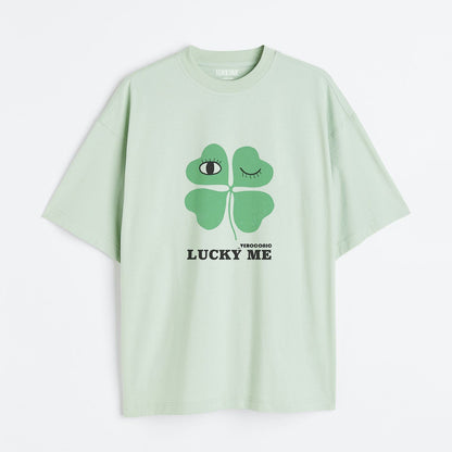 Lucky Me Printed Oversized Mint Green Cotton T-shirt
