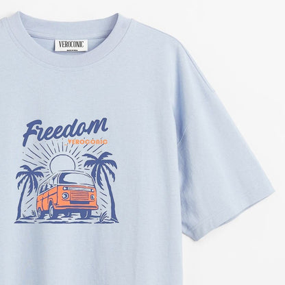 Freedom Graphic Printed Oversized Baby Blue Cotton T-shirt