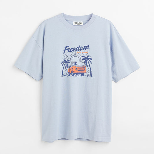 Freedom Graphic Printed Oversized Baby Blue Cotton T-shirt