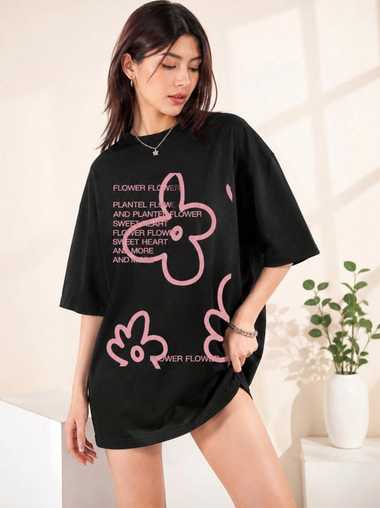 Women Typography Printed Drop-Shoulder Sleeves T-shirt