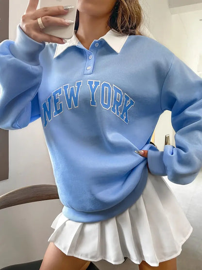 New York Printed Oversized Women's Sweatshirt Hoodie, Sky Blue Color, Drop Shoulders, Collar & Buttons
