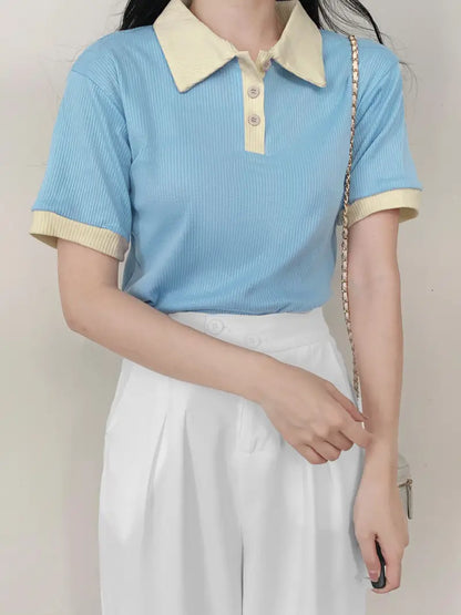 Collar Neck Plain Women's T-Shirt Baby Blue Color, Ribbed Fabric,  Women's Crop Tee