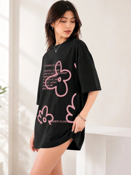 Women Typography Printed Drop-Shoulder Sleeves T-shirt