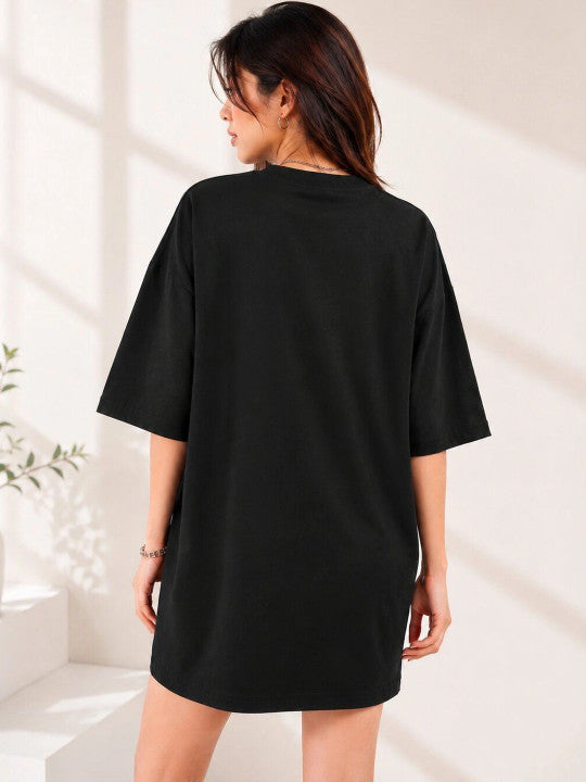 Women Typography Printed Drop-Shoulder Sleeves T-shirt