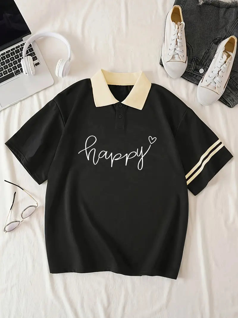 Happy Graphic Collar Oversized Printed Women's T-Shirt Black Color