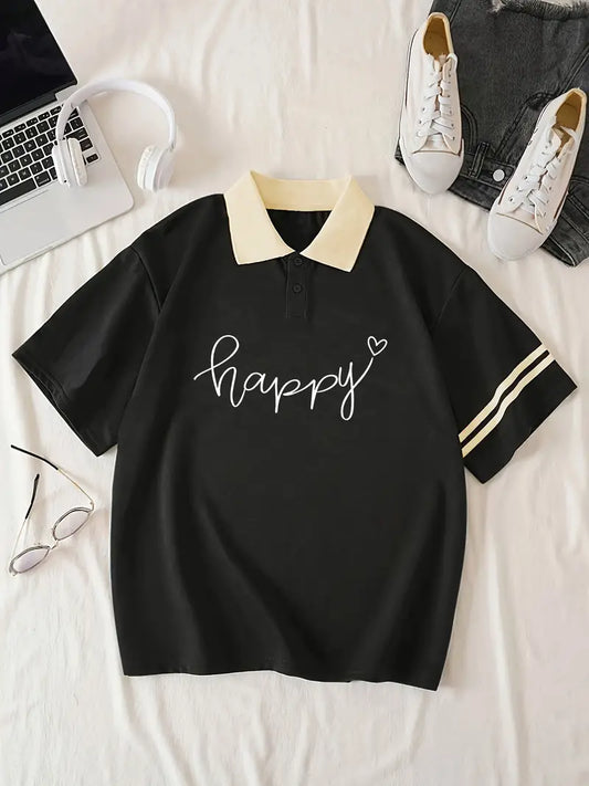 Happy Graphic Collar Oversized Printed Women's T-Shirt Black Color
