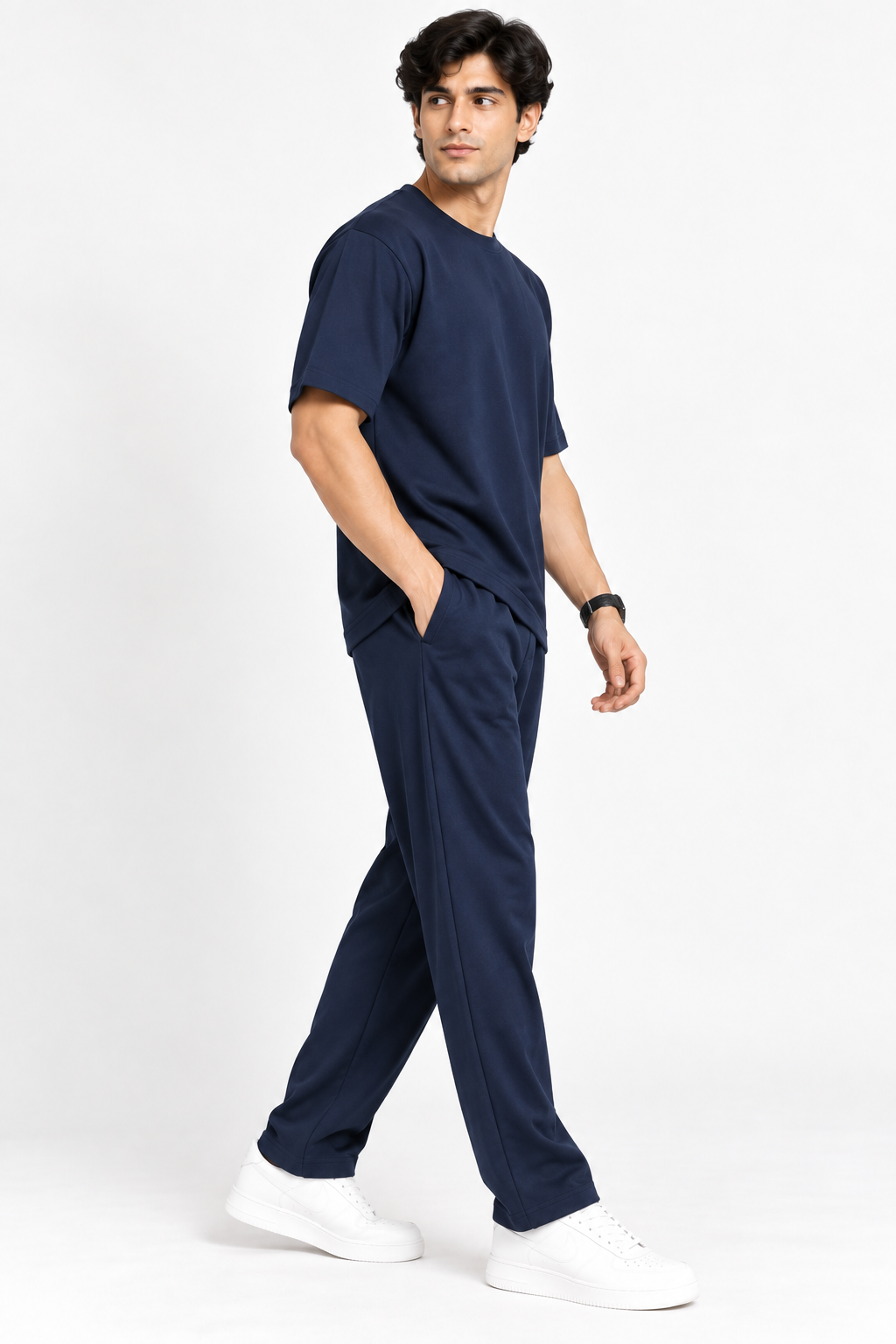 Men Navy Blue Cotton Casual Co-Ord Set
