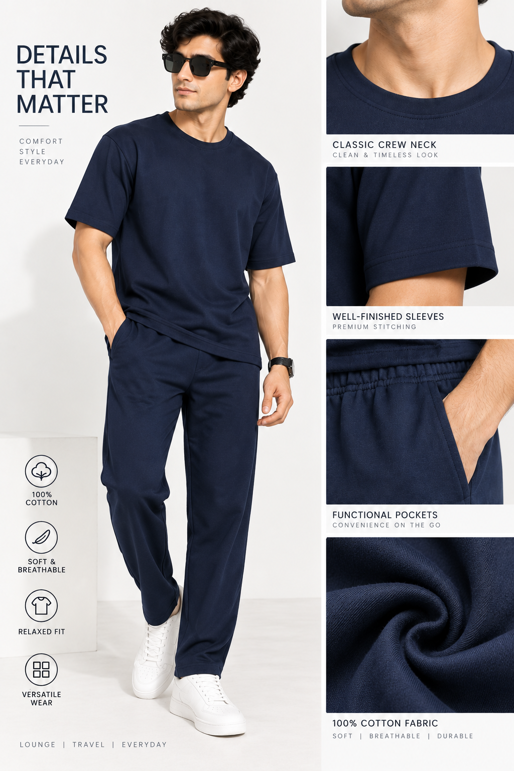 Men Navy Blue Cotton Casual Co-Ord Set