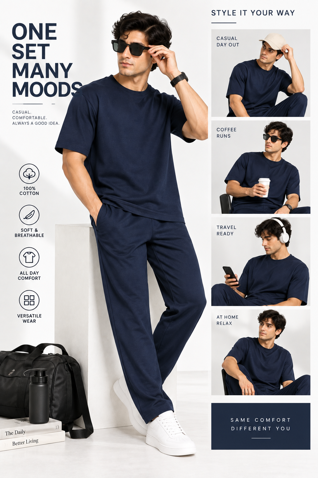 Men Navy Blue Cotton Casual Co-Ord Set