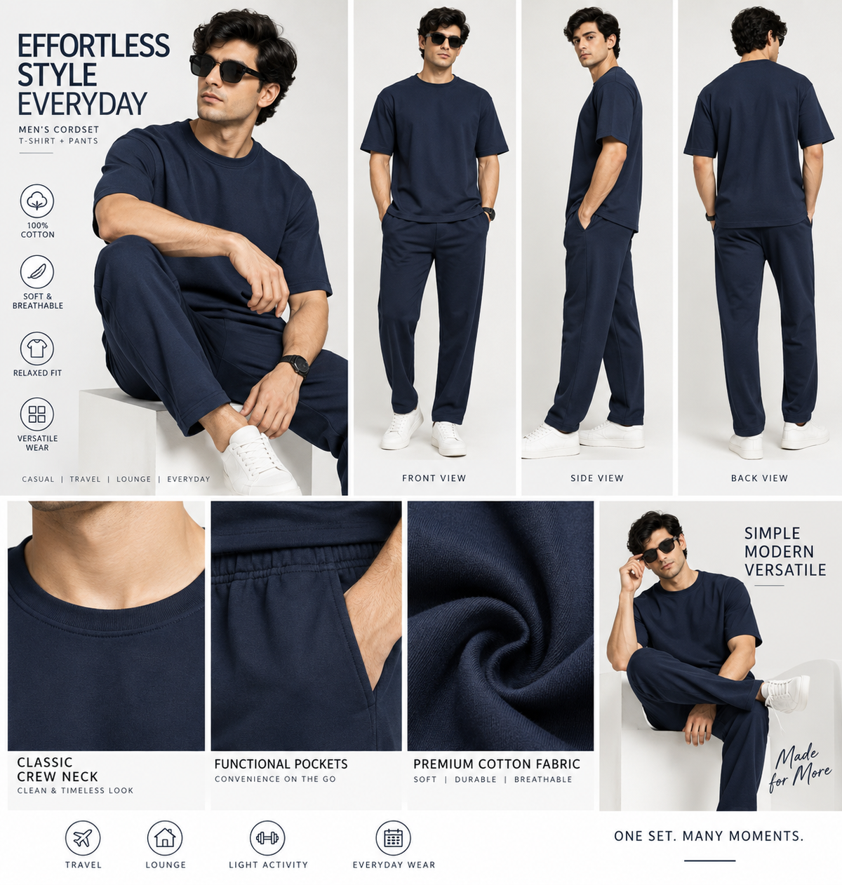 Men Navy Blue Cotton Casual Co-Ord Set