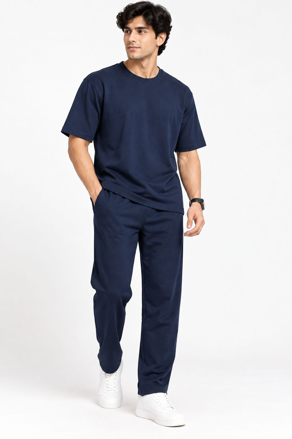 Men Navy Blue Cotton Casual Co-Ord Set