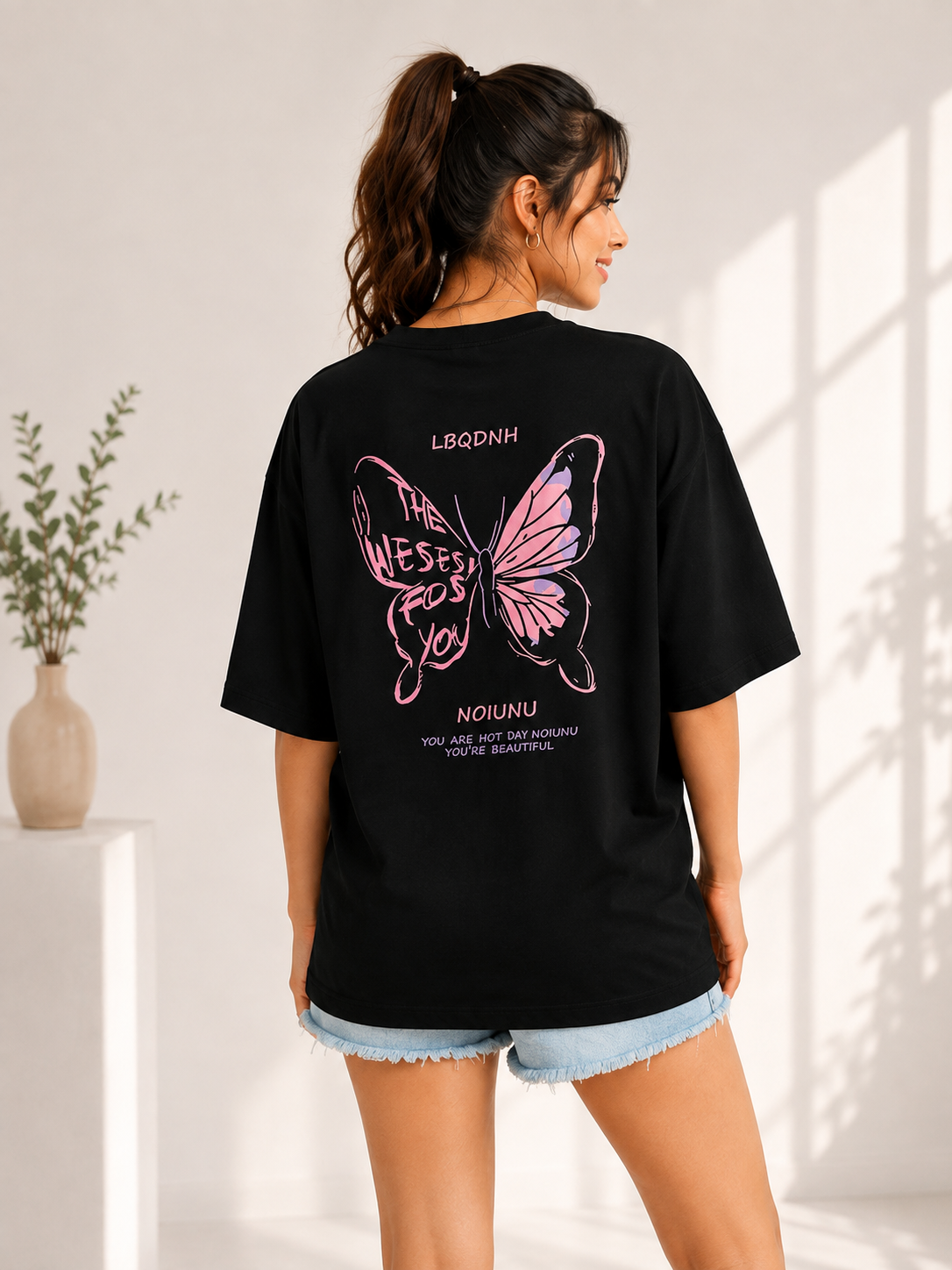 Women Black Back Printed Relaxed fit Cotton T-Shirt