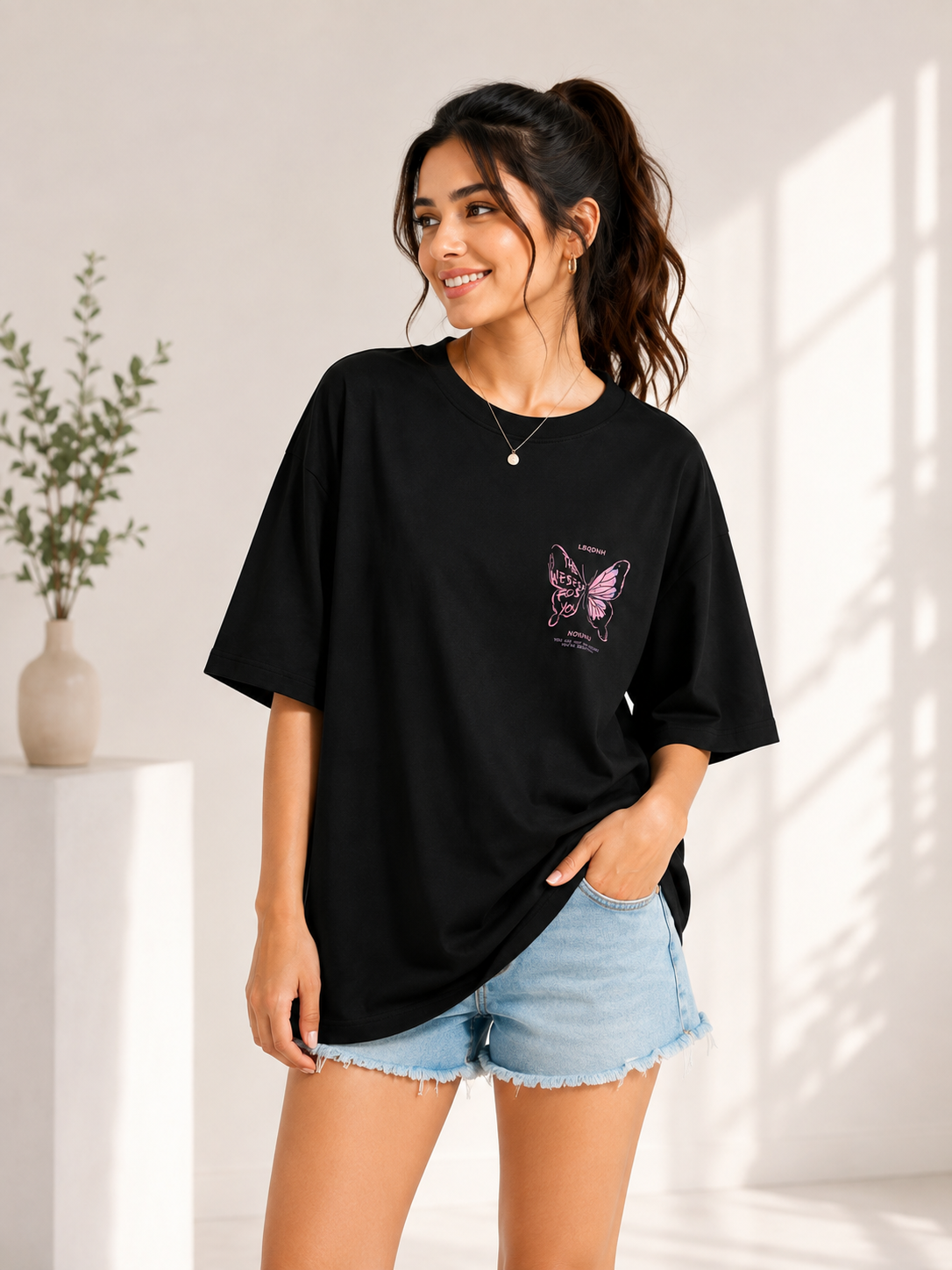 Women Black Back Printed Relaxed fit Cotton T-Shirt