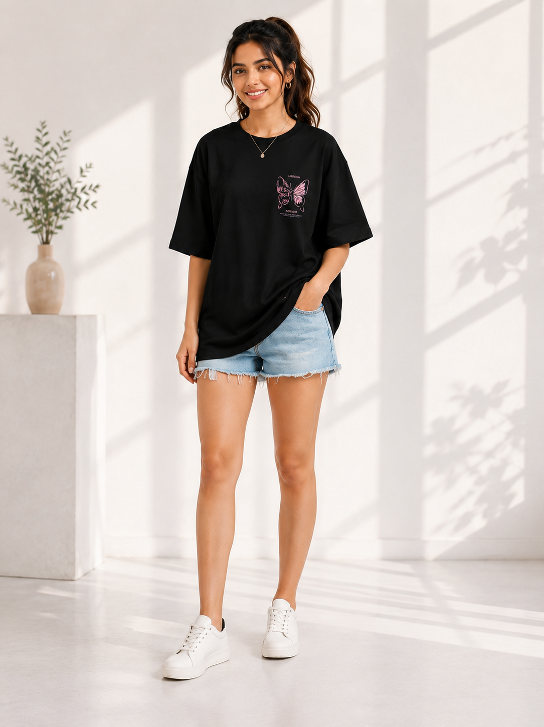 Women Black Back Printed Relaxed fit Cotton T-Shirt