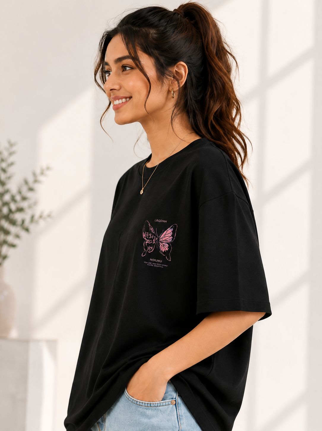 Women Black Back Printed Relaxed fit Cotton T-Shirt