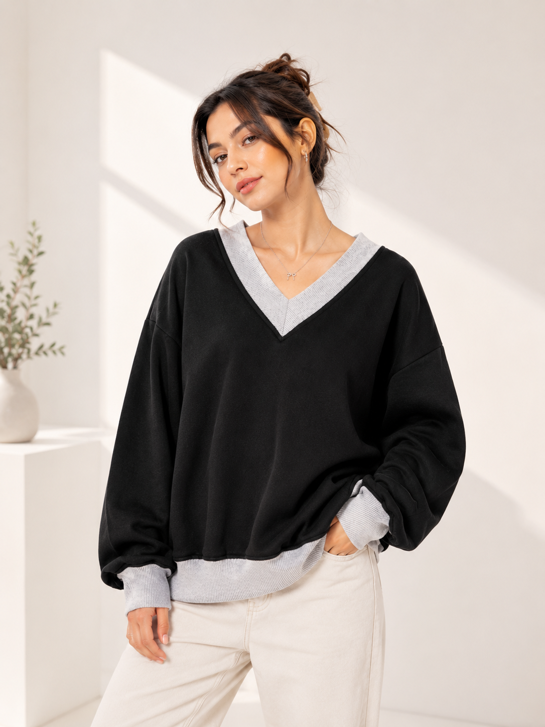 Women V-Neck Plain Sweatshirt