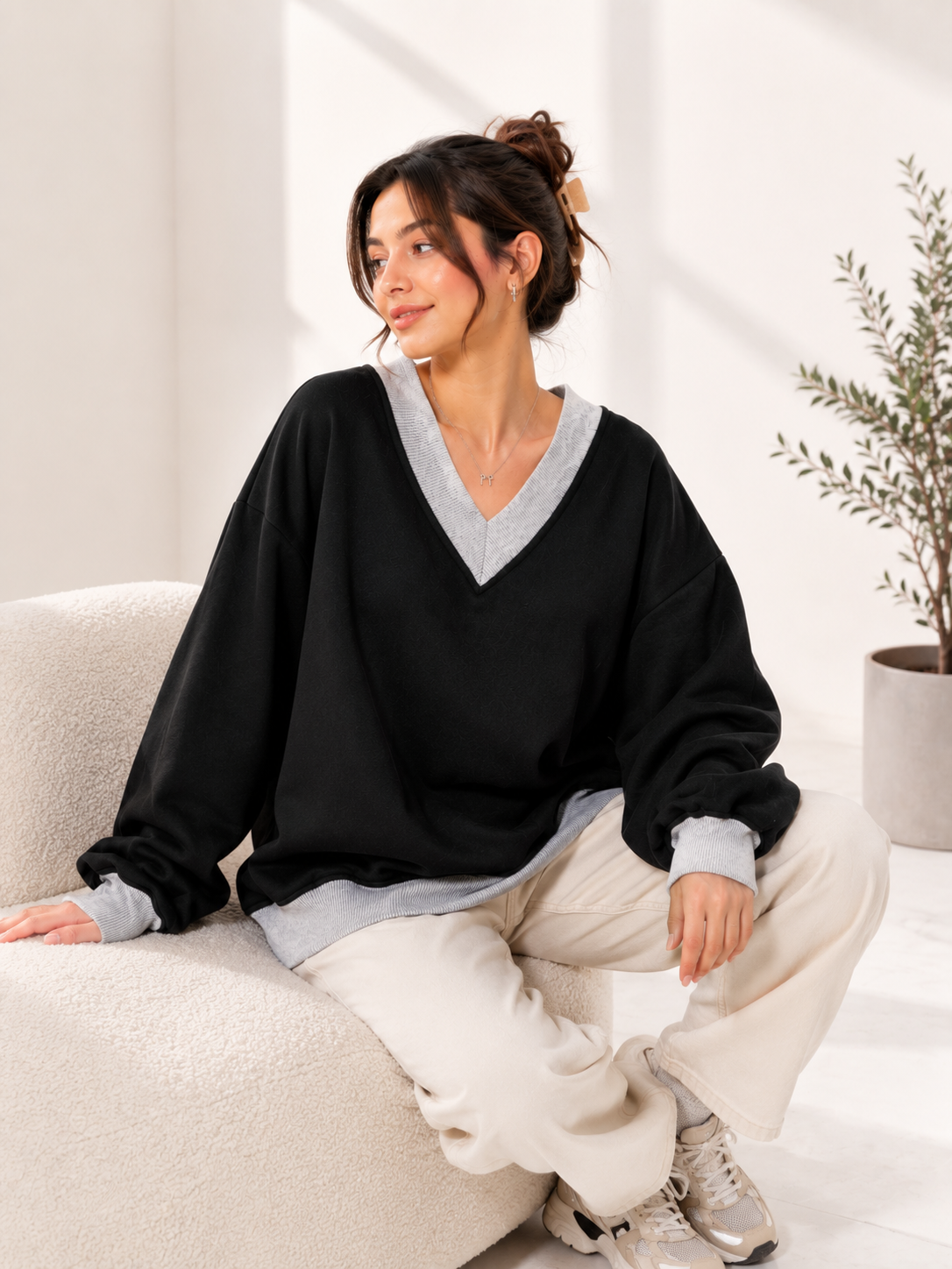Women V-Neck Plain Sweatshirt