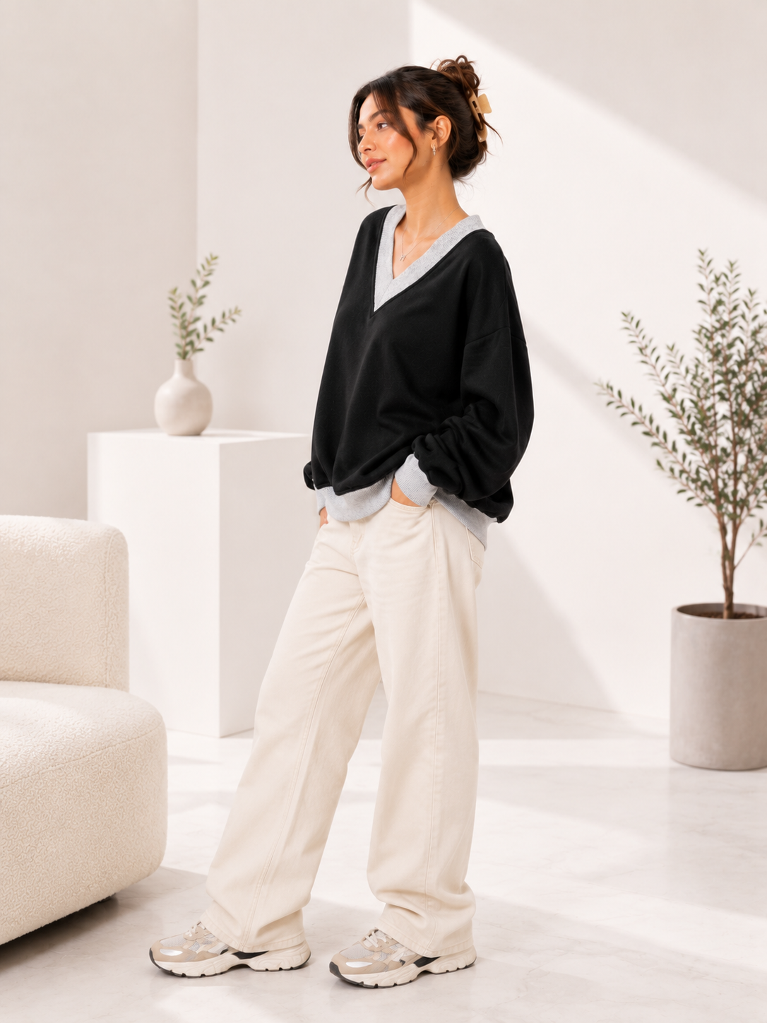 Women V-Neck Plain Sweatshirt