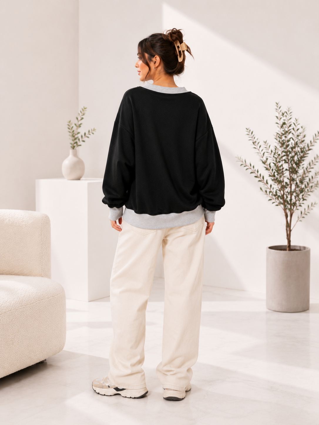 Women V-Neck Plain Sweatshirt