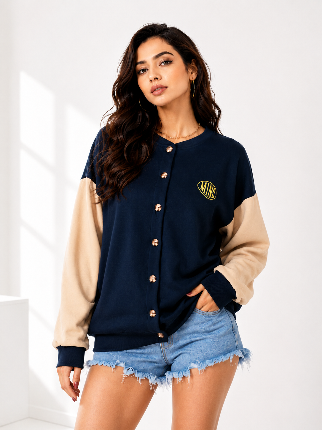Women Button Closure Printed Sweatshirt